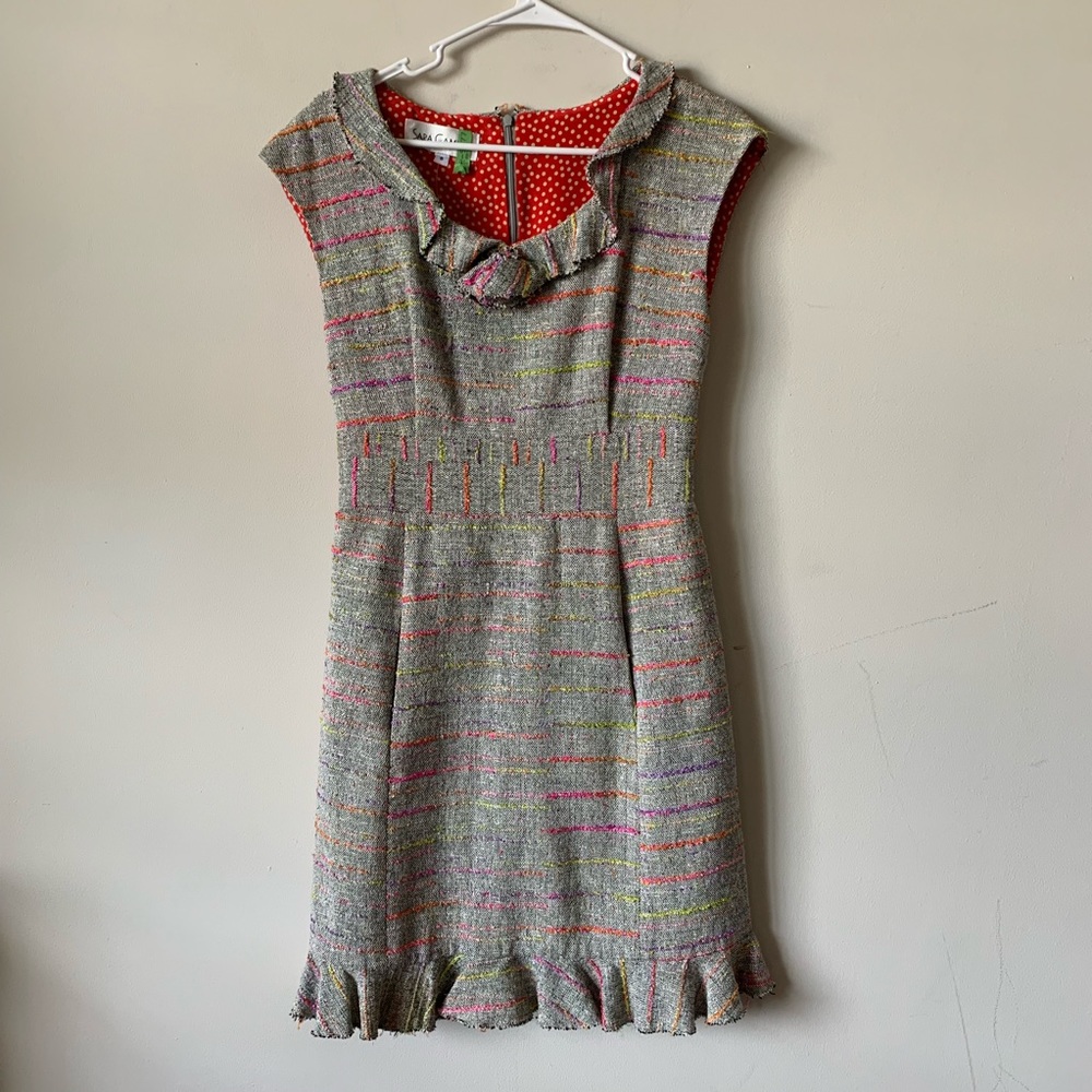 Sara Campbell Tweed Cotton Mini Dress small grey with pops of pink purple yellow